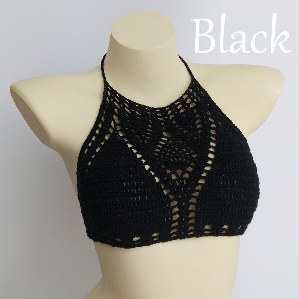 Lining Crochet Push Up Bra Hollow Out Halter Knitted Bikini Top
