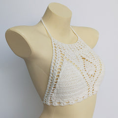 Lining Crochet Push Up Bra Hollow Out Halter Knitted Bikini Top