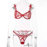 Heart Embroidery Lace Transparent Bra And Panty Lingerie Set