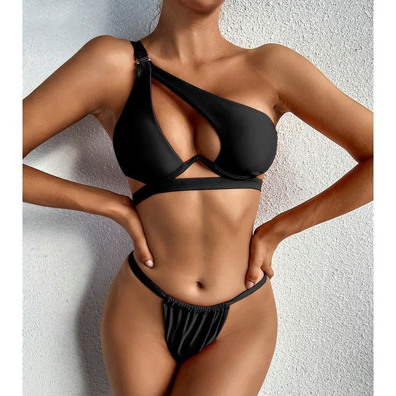 Push Up Cut Out Sexy Micro Thong One Shoulder Bikini Set