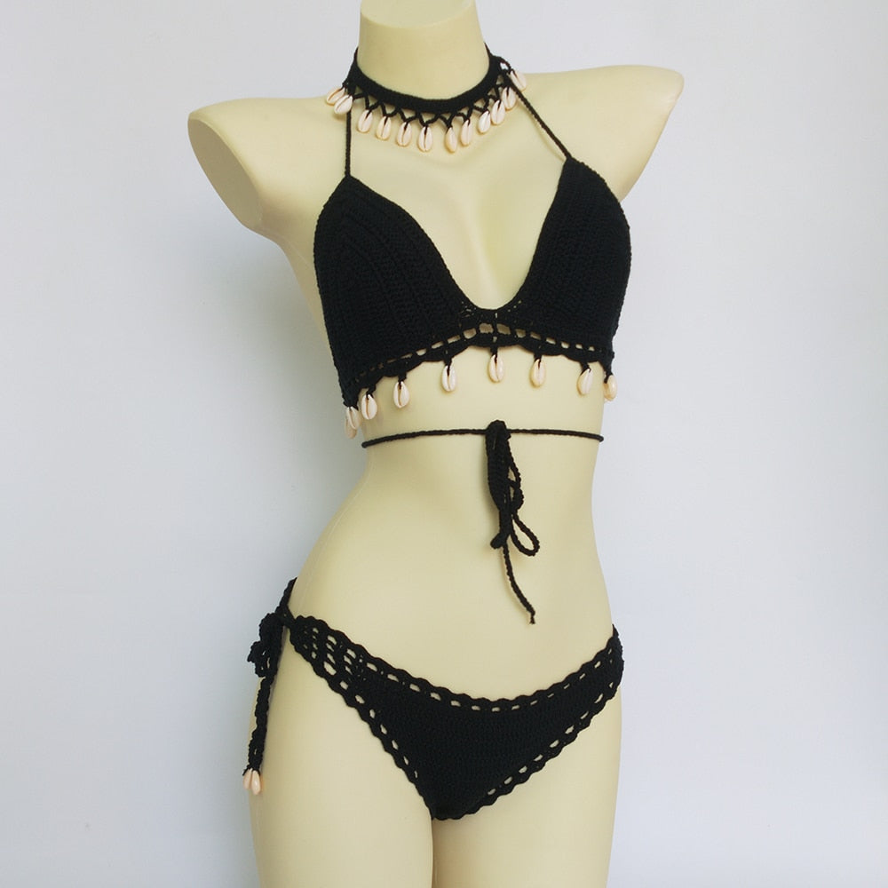 Woman Crochet Tassel Seashell Hollow-out Bikini Set