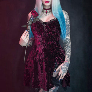 Gothic Vintage Lace Grunge High Waist Slit Velvet Mini Dress