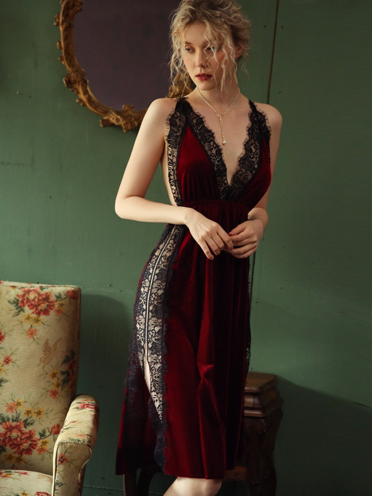 Sexy Velvet Nightwear for Women Nightgown Lace V-Neck Sleepwear