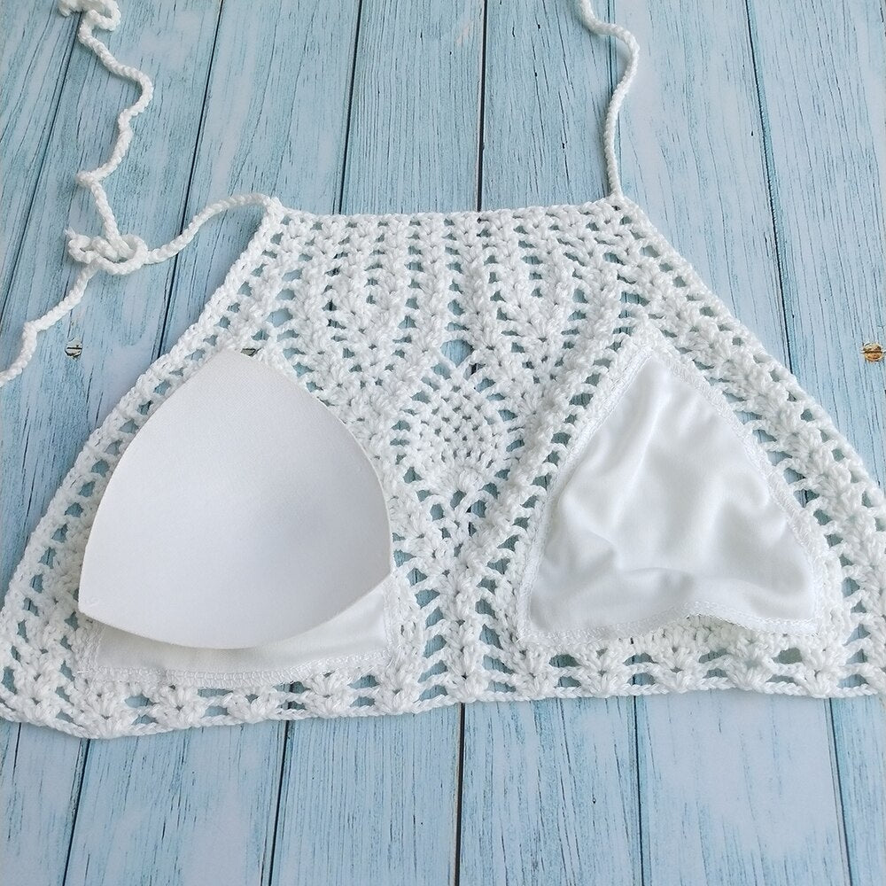 Lining Crochet Push Up Bra Hollow Out Halter Knitted Bikini Top