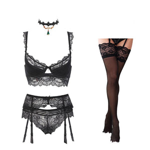 DAINTY FULL LACE LINGERIE SET WITH SEXY BRA + GARTER + PANTIES + CHOKER + STOCKING