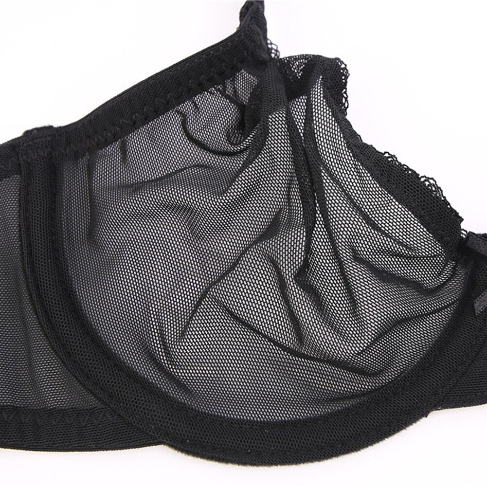 Lace Unlined Transparent Three Quarters Yarn Thong Bra Set