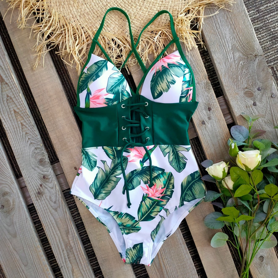 Backless Push Up Abdomen Control Waist Print Vintage Retro Beach Wear