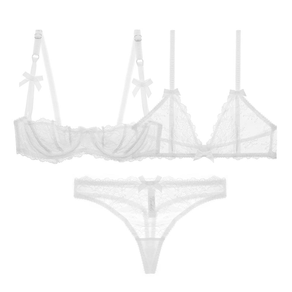 Half Cup Floral Lace Bra and Thong 3-Piece Set