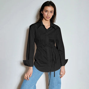 Hollow Out Lace Up Turn-Down Collar Front Button Top