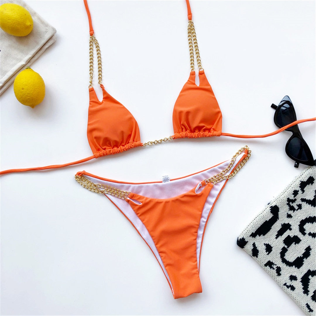 Sexy Halter Bikini Metal Chain Two-pieces Swimsuit