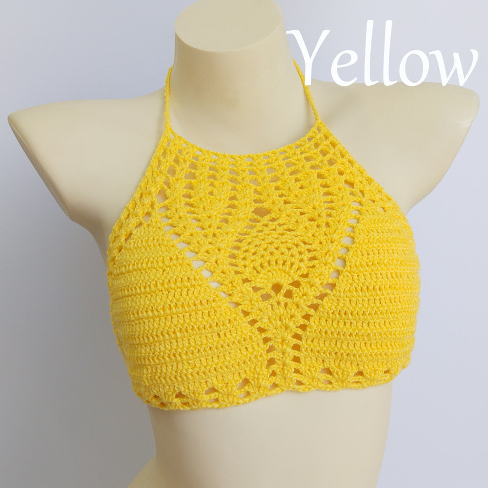 Lining Crochet Push Up Bra Hollow Out Halter Knitted Bikini Top