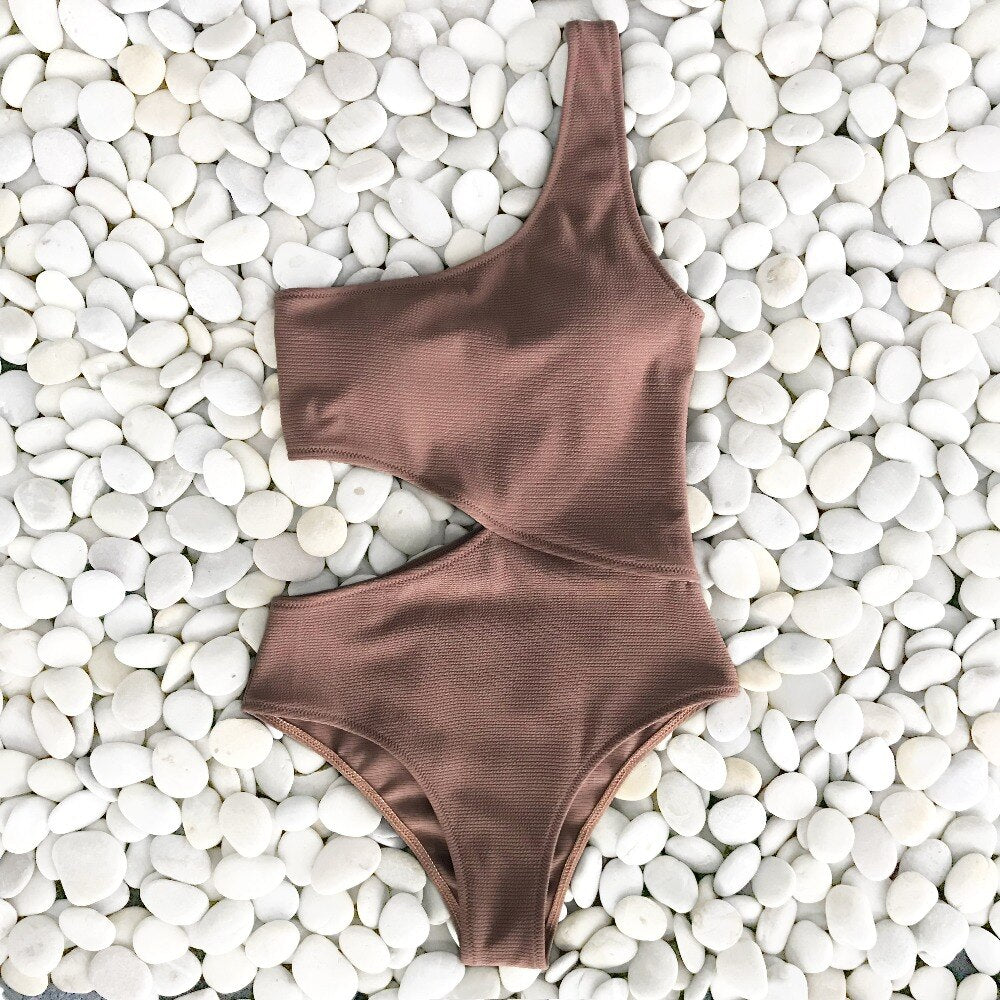 One Shoulder Cut Out One-Piece Solid Brown Swimsuit