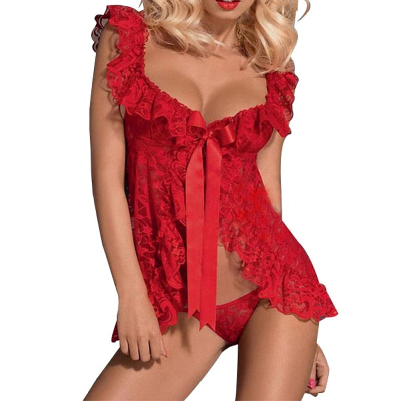 Lace Sexy Lingerie Dress Women Homewear Night Gowns + G-string Sexy Panties Nightwear Sleepwear Sets