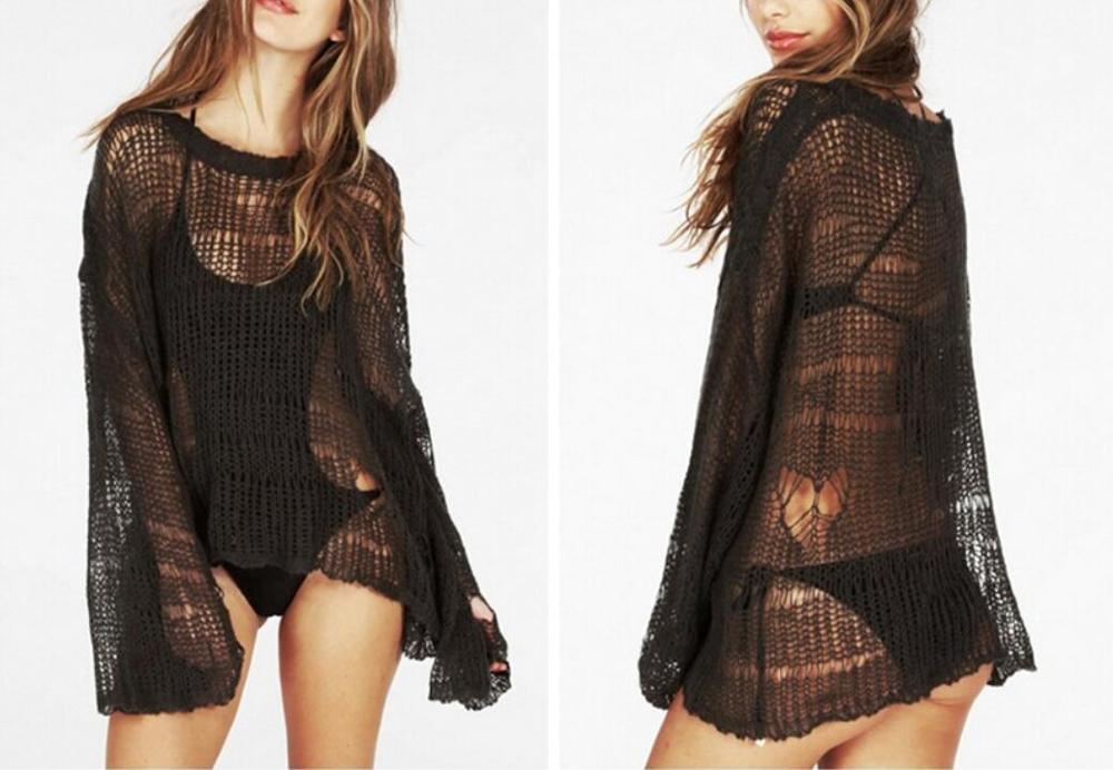 Sexy Hole Asymmetric Hem Loose Knitted Crochet Sweater