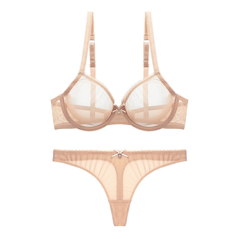 Lace Unlined Transparent Three Quarters Yarn Thong Bra Set