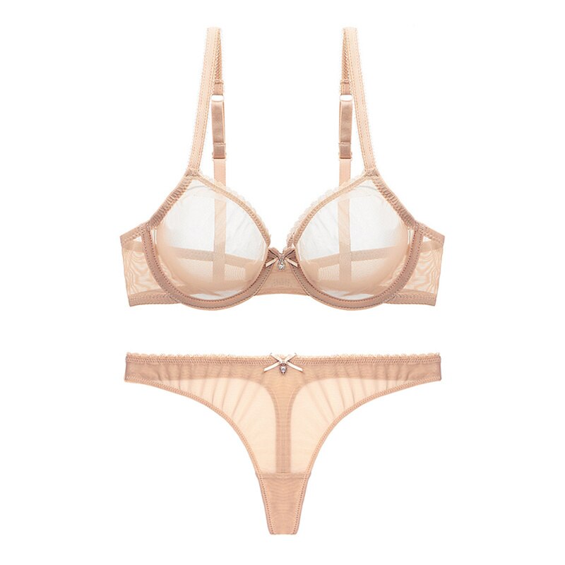 Lace Unlined Transparent Three Quarters Yarn Thong Bra Set