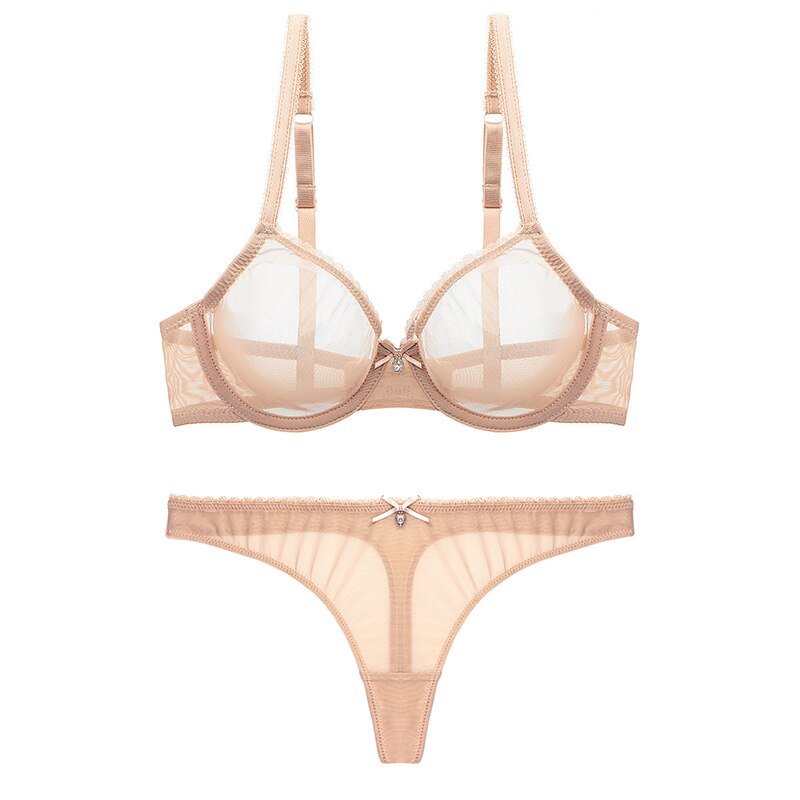 Lace Unlined Transparent Three Quarters Yarn Thong Bra Set