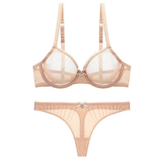 Lace Unlined Transparent Three Quarters Yarn Thong Bra Set