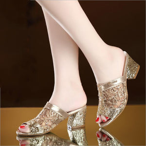 Women Square Heel Lace Slippers