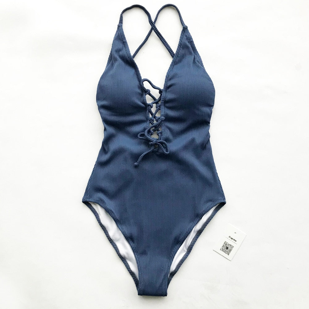 Solid 1-Piece Swimsuit Women Backless V Neck Lace Up Monokini