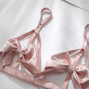 Open Dew Cream Lingerie 3-Pieces Set Bow Dot Bra Panties Garter