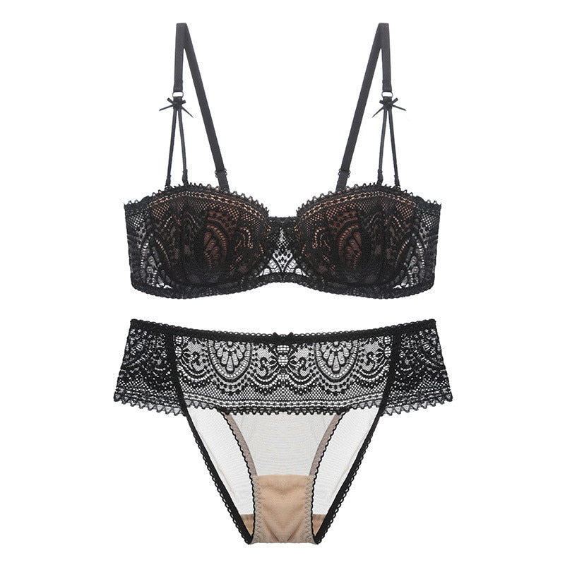 Sexy Half Cup Ultra-Thin Lace Bra Panty Underwear Set