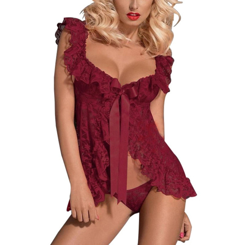 Lace Sexy Lingerie Dress Women Homewear Night Gowns + G-string Sexy Panties Nightwear Sleepwear Sets