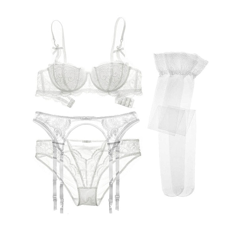 Bow Half Cup Push Up 4-Pcs Bra Panties Garter Stockings Set