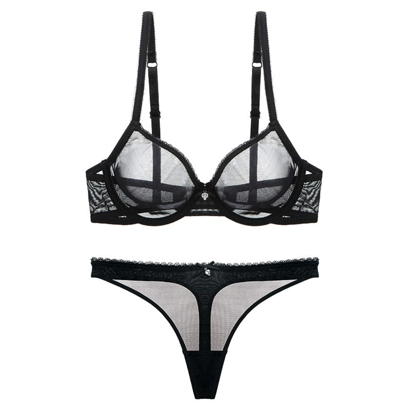 Lace Unlined Transparent Three Quarters Yarn Thong Bra Set