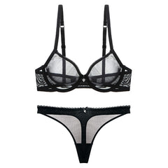Lace Unlined Transparent Three Quarters Yarn Thong Bra Set