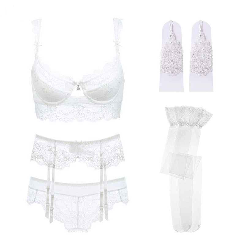 DAINTY FULL LACE LINGERIE SET WITH SEXY BRA + GARTER + PANTIES + CHOKER + STOCKING