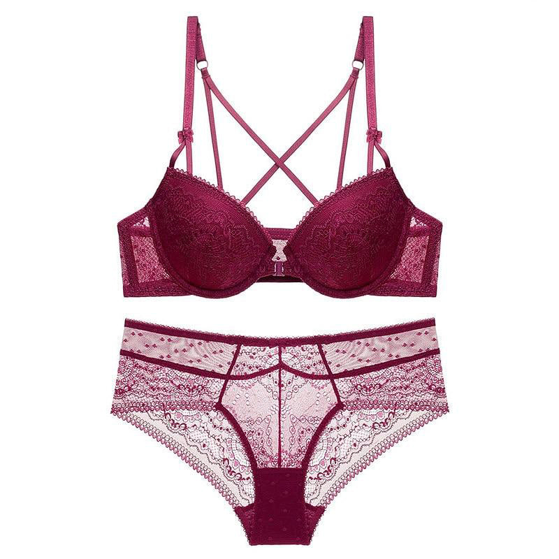 Lace Embroidery Lingerie Thick Push Up Bra Sexy Underwear Set