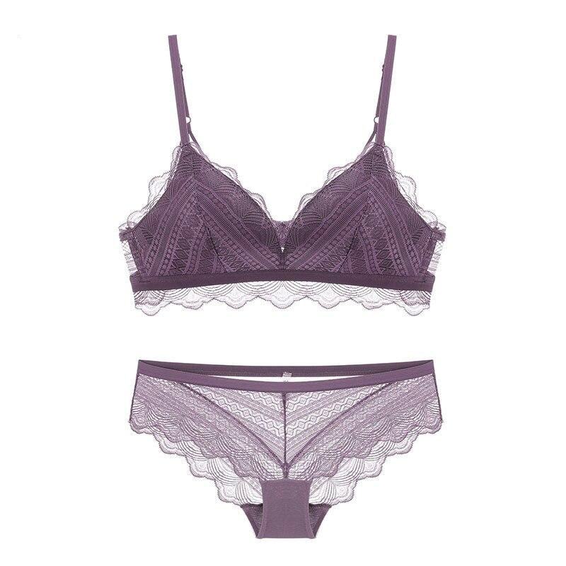 Thin Cotton Wire Free Embroidery Deep V Bra Underwear Set