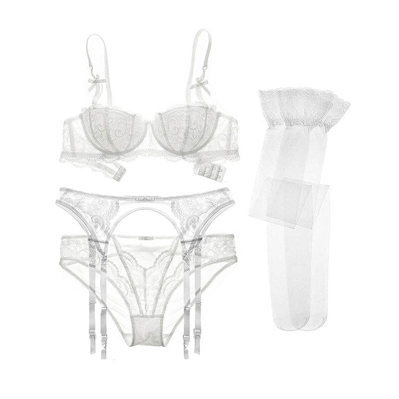 Bow Half Cup Push Up 4-Pcs Bra Panties Garter Stockings Set