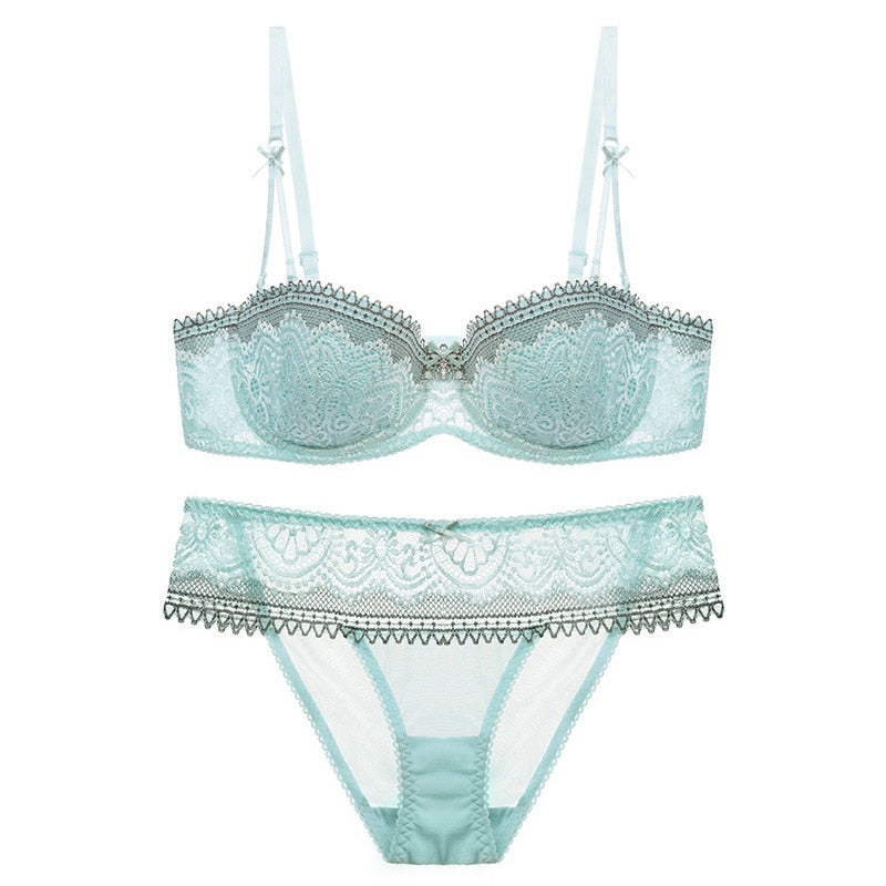 Half Cup Plunge Thin Lace Cotton Bra Underwear Set