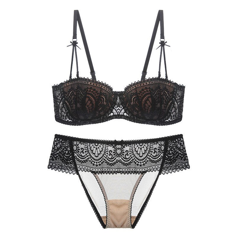 Half Cup Plunge Thin Lace Cotton Bra Underwear Set