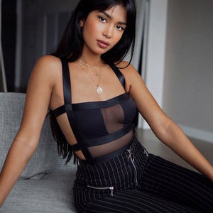 Backless See-Through Hollow Out Shoulder Strap Bodysuit