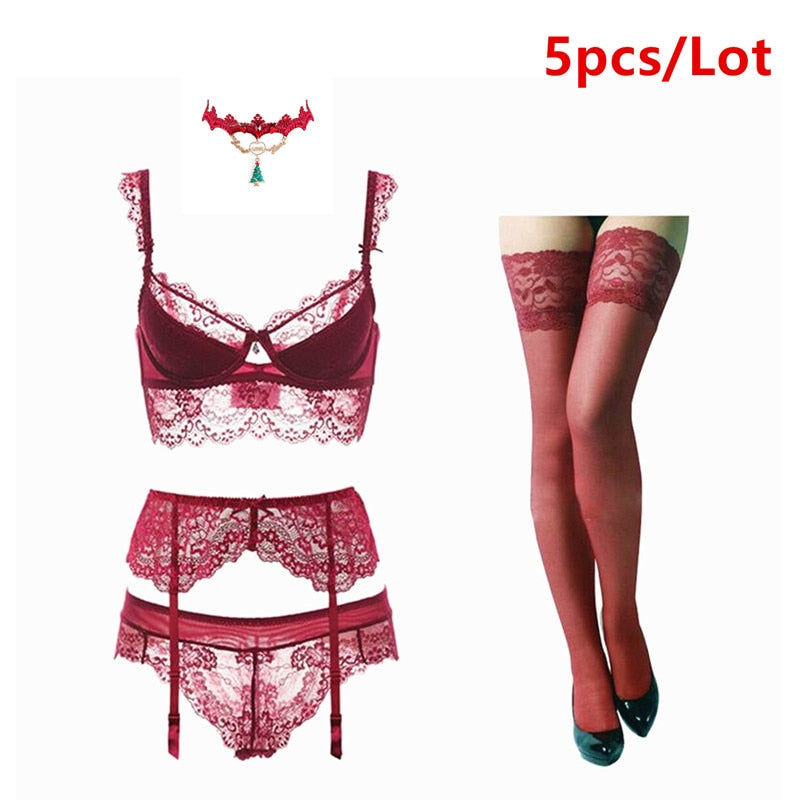 DAINTY FULL LACE LINGERIE SET WITH SEXY BRA + GARTER + PANTIES + CHOKER + STOCKING