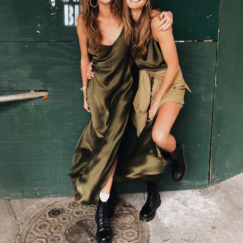 Sexy Satin V Neck Maxi Dress 