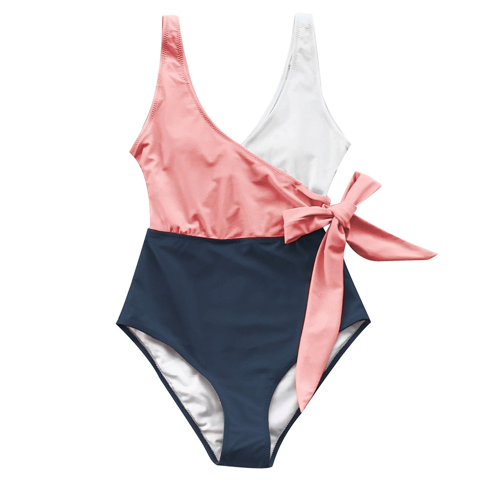 Color Block One-piece Swimsuit Patchwork Belt Bow Monokini