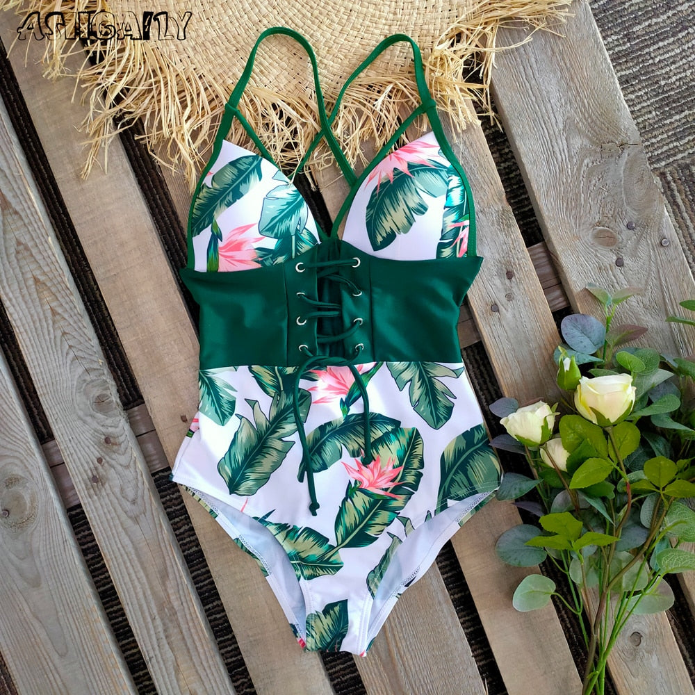 Backless Push Up Abdomen Control Waist Print Vintage Retro Beach Wear