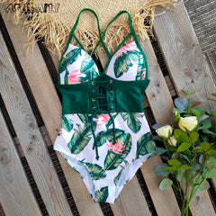 Backless Push Up Abdomen Control Waist Print Vintage Retro Beach Wear