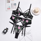 Floral Embroidery Lace Lingerie 3-Piece Bra and Panties Sets