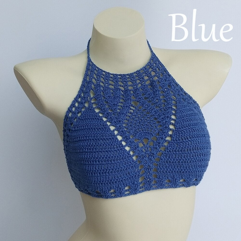 Lining Crochet Push Up Bra Hollow Out Halter Knitted Bikini Top