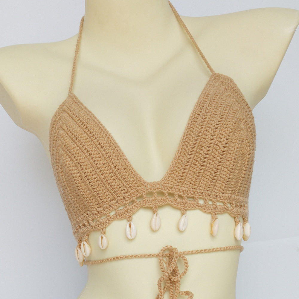 Women's Bikini Top Handmade Crochet Shell Tassel Swimsuit