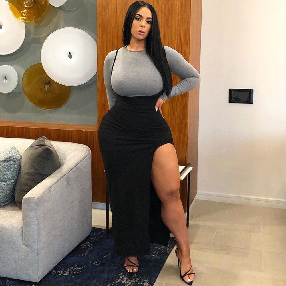 BOOFEENAA Sexy Black High Waisted A Line Suspender Skirts Womens Spring Summer 2020 Women High Split Long Maxi Skirt C83-I09