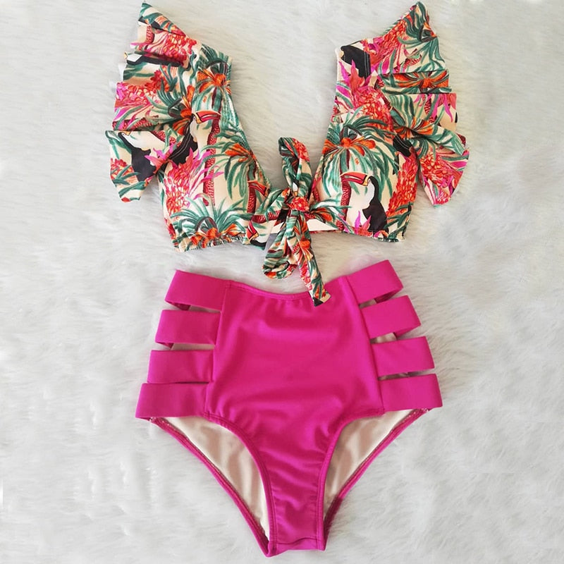 High Waist Ruffle Swimwear Floral Print Push Up Bikinis