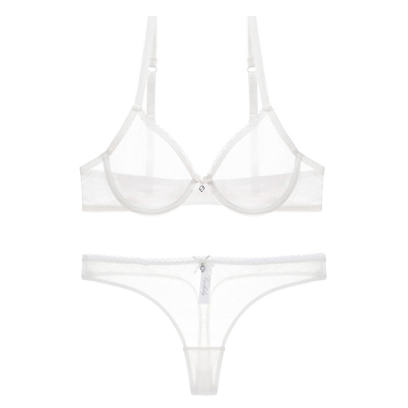 Lace Unlined Transparent Three Quarters Yarn Thong Bra Set
