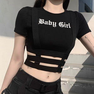 Punk Hollow Out Letter Print Bodycon Short Sleeve Crop Top