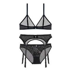 Mesh Deep V Wire Free Bra Panty Garter Lingerie Set